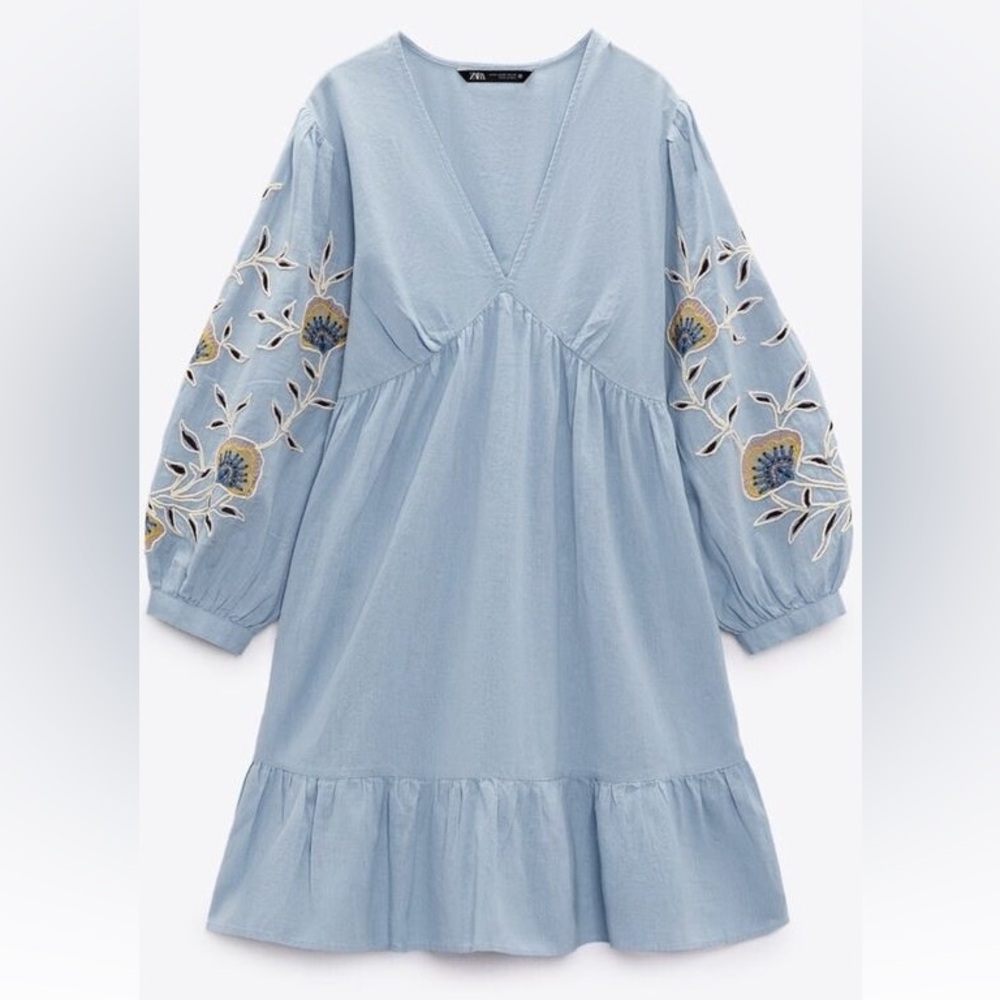 ZARA EMBROIDERED LINEN BLEND DRESS Mini Blue Floral Large
